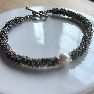 Vintage Michael Dawkins silver beads, Bali pearl and gold disk bracelet 8"